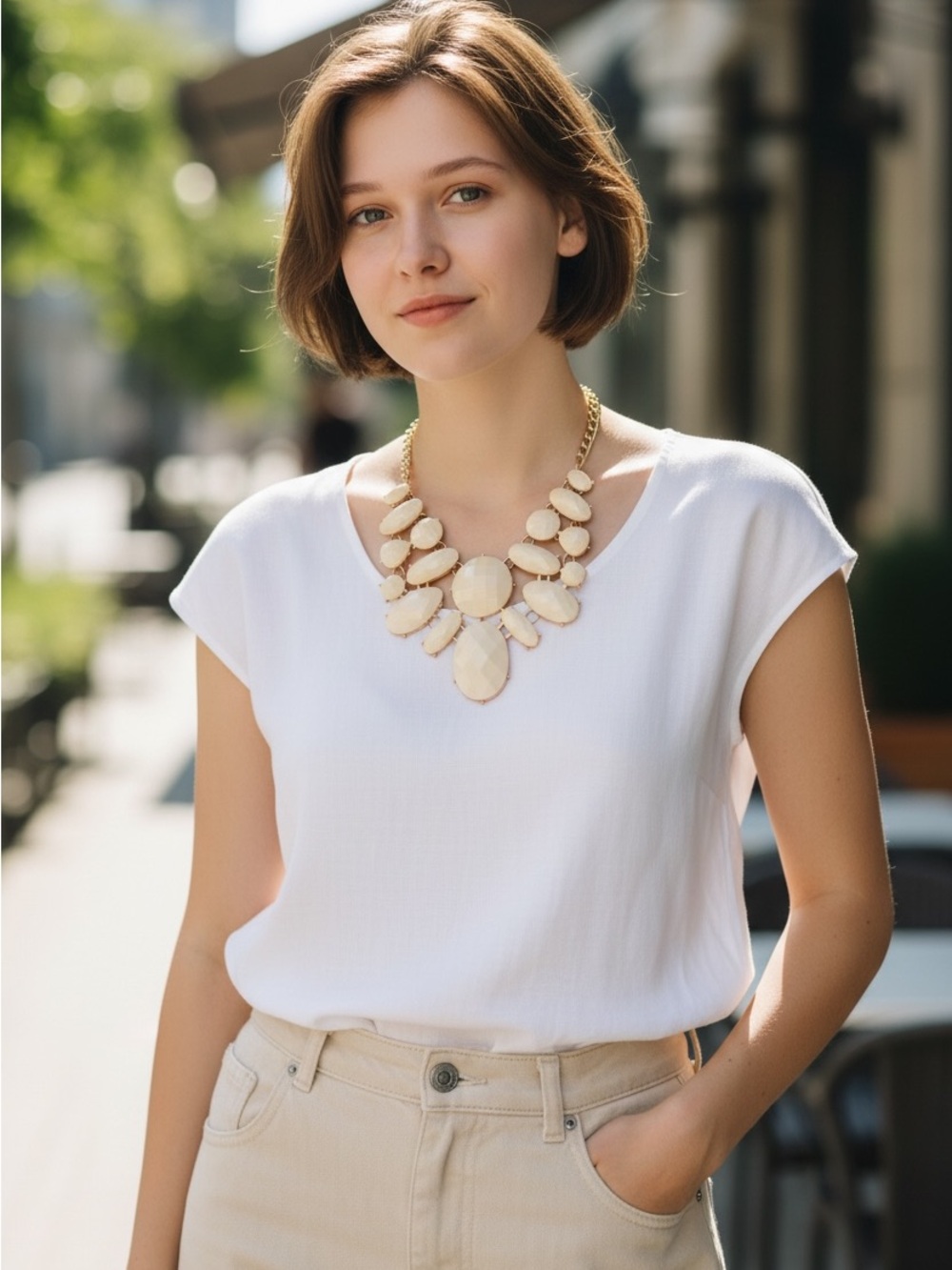 Elegant Cream Statement Necklace with Gold Chain